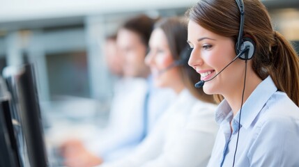 Smiling customer service representative assisting clients in a busy call center environment