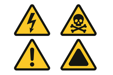 Warning sign icon set vector. Hazard, danger, caution symbols. High voltage, toxic poison skull, exclamation mark attention alert. Safety triangular signs collection.
