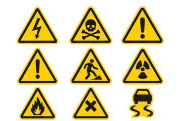 Warning sign icon set. Hazard symbols collection. Vector illustration of danger, caution, and attention signs. High voltage, poison, radioactive, fire, and slippery road icons.