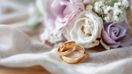Gold wedding rings with flowers on soft fabric background.