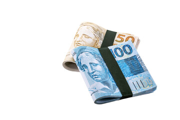 banknotes of 100 and 50 reais, package of money, come and fifty Brazilian reais, isolated white background