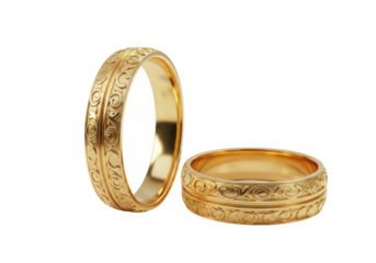 Elegant polished gold wedding rings with intricate designs symbolizing eternal love and commitment transparent background