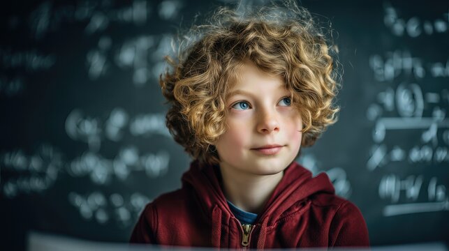 Curly-haired boy in red hoodie standing before chalkboard with equations.