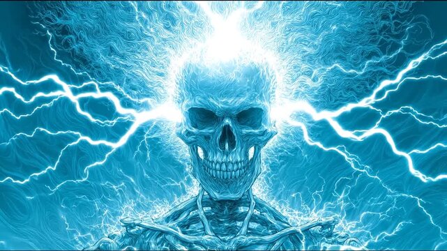 Abstract artwork of a human skull with electric energy and radiant lighting