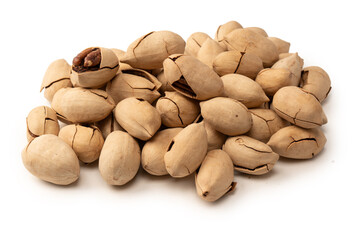 Pecan-nut in a shell isolated on white background. Top view.