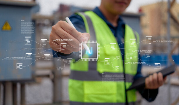Engineer using digital pen to connect AI chip with data flow interface, symbolizing artificial intelligence, big data processing, and smart automation in industrial environments. - Powered by Adobe