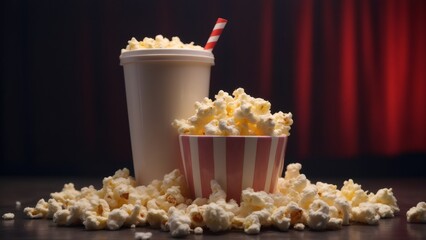 Movie night: Popcorn and soda on a table with theater curtains.