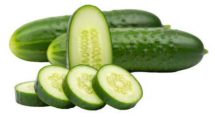 Isolated cucumbers with slices and a whole cucumber. Fresh cucumbers cut and stacked.