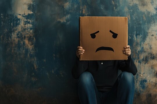 A man sitting on the floor holds a cardboard with a sad face, symbolizing depression and emotional struggle