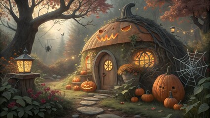 Halloween pumpkin house in jungle
