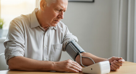 Senior man at home carefully checking his arterial blood pressure with a digital tonometer, focusing on his cardiovascular health and hypertension