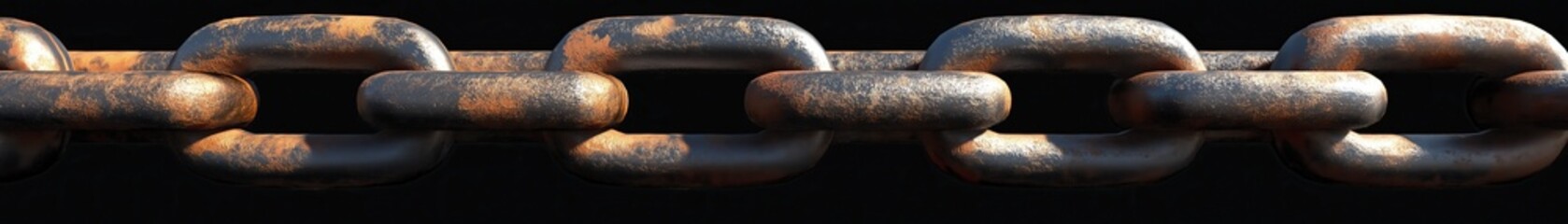 A close-up of a rusty steel chain with thick metal links, isolated on a dark background