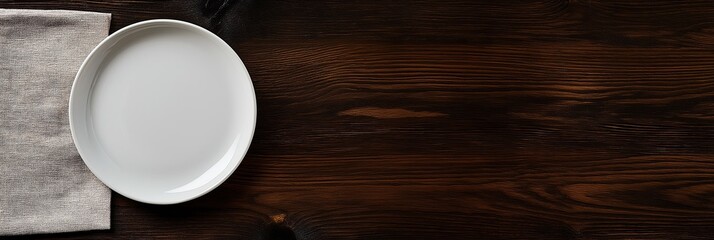 A round white plate on a folded napkin over a dark wood table