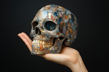A colorful gemstone skull rests in an open palm against a black background