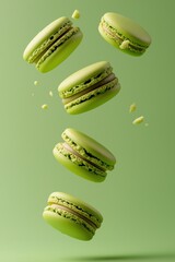 Green macarons scattered in the air on a soft pastel green background