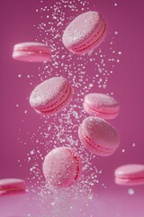 Falling pink macarons covered in sugar crystals on a bright pink background