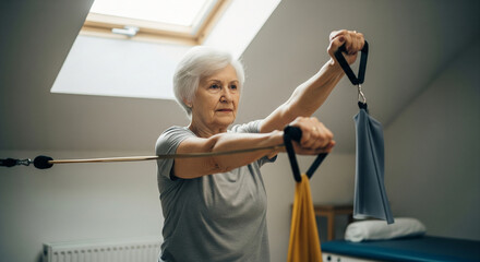 Active senior woman strengthening her arms and upper body using a resistance band during a home workout for healthy aging and vitality