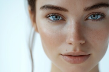 A woman with radiant skin and soft lips gazes into the distance with a serene expression