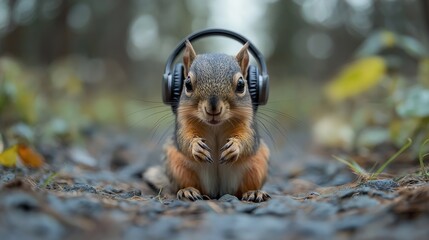 A close-up of a squirrel wearing black headphones, standing with its paws raised, with a blurred autumn forest in the background