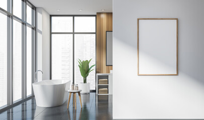 Empty wooden frame poster mockup on white wall in bright bathroom interior with clean design, large windows, and minimal layout. 3D Rendering