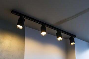 Lighting equipment on the wall in the living room. Spotlights under the ceiling. Track LED-lighting system