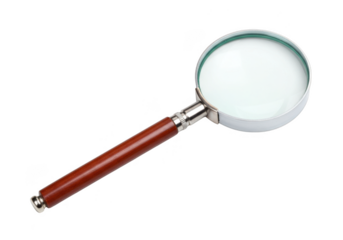 Classic magnifying glass with polished wooden handle on a for detailed examination transparent background