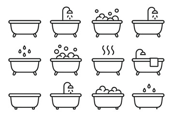 Bathtub line icon set. Simple bath outline vector collection. Bathroom elements with shower, water drops, bubbles, foam, steam. Editable stroke for hygiene and spa concepts.
