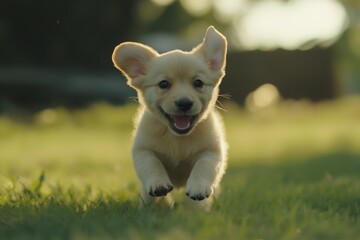 Cute happy dog playing and running outdoors facing the camera
