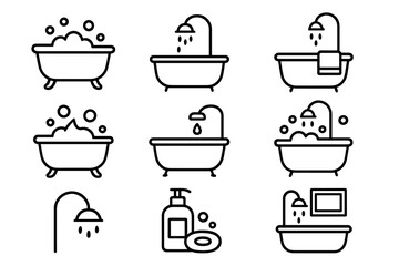 Bathtub line icon set vector. Bathroom and hygiene concept. Shower, tub with foam, bubbles, soap, water drop. Editable stroke symbols for web and apps. Clean and wash illustration.
