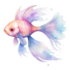 A graceful watercolor fish in shades of lilac and blue with flowing fins against a white background
