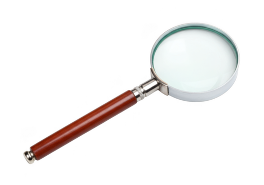 Classic magnifying glass with polished wooden handle on a for detailed examination transparent background