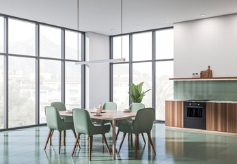 Contemporary kitchen and dining area interior with mint green chairs, wooden cabinets, and panoramic windows, minimalist home design concept. 3D Rendering