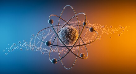 Abstract model of atomic energy and power; a textured nucleus with electrons in dramatic, colorful motion