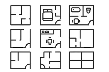 Floor plan line icon set. Vector outline symbols for architecture, real estate, interior design. House, apartment, room layout with furniture. Editable stroke pictogram for UI, web.