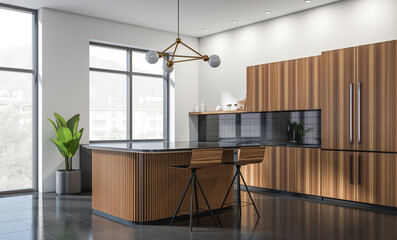 Contemporary kitchen with wooden cabinetry, stylish bar stools, modern pendant light, glossy tile...