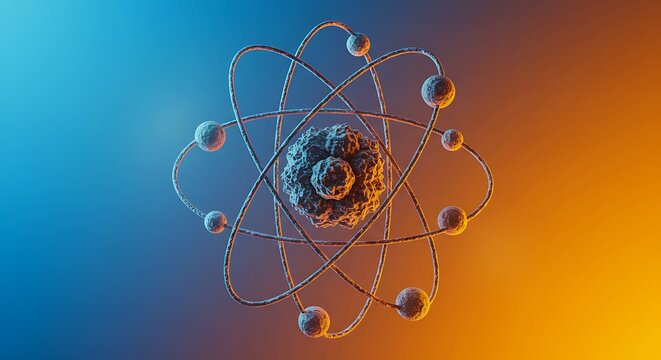 Vibrant artistic representation of an atom's structure, merging science, technology, and energetic color palette