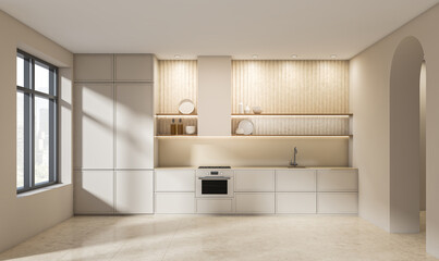 Minimalist kitchen interior with beige cabinetry, wooden backsplash, and decorative shelves in a modern design on bright neutral background. 3D Rendering