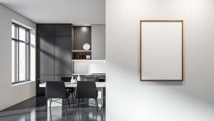 Blank wooden poster mockup on white wall in bright minimalist kitchen interior with modern...