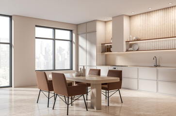 Modern kitchen interior with clean design, warm beige palette, and city view through large windows, showcasing contemporary furniture and lighting. 3D Rendering