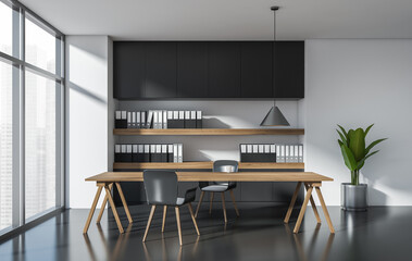 Contemporary office interior design with wood furniture, minimalist style and natural light, set in a bright space with cityscape view. 3D Rendering