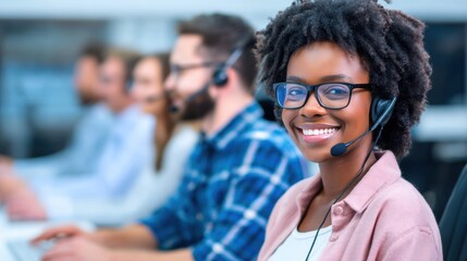 Smiling customer service representative assisting clients in a modern office environment with colleagues