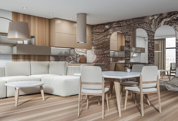 Contemporary interior design with beige kitchen cabinets, white sofa and chairs, light wood flooring, onyx-style wall background, 3D Rendering