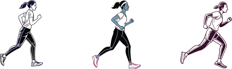 Fototapeta premium Dynamic vector illustration of a woman running, ideal for fitness blogs, health campaigns, or athletic apparel ads, showcasing energy, movement, and healthy lifestyle