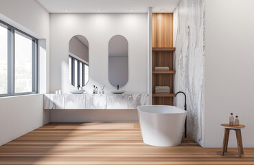 Contemporary bathroom interior with marble sink cabinets, oval mirrors, freestanding tub, wooden shelf and floor, on bright clean background. 3D Rendering