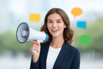 Confident young woman holding megaphone in casual business attire promoting ideas in a vibrant outdoor setting with speech bubbles