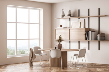 Modern dining room with round wooden table, white chairs, light wood shelving, decorative vases and books, soft lighting, minimalist interior concept. 3D Rendering