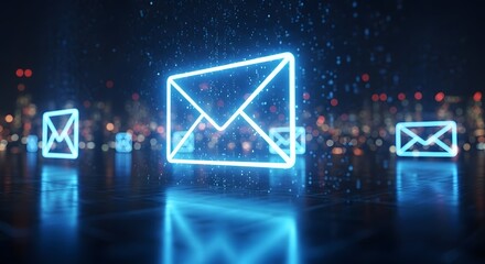 Glowing neon blue envelope icons illuminate a dark reflective surface with bokeh lights in the background representing digital communication