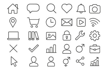 Web and mobile interface line icon set. Business, social media, ecommerce vector symbols. Home, user, search, settings, cart. Minimal outline design with editable stroke.