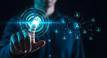 Man s finger touches futuristic digital interface displaying global network connections and data flow