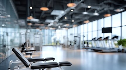 Fototapeta premium Modern gym setting with large windows showcasing workout equipment and a bright, open atmosphere for fitness activities in the city